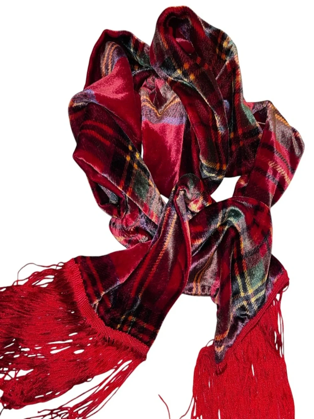 Velvet Fall HOLIDAY Stewart Plaid silk fringe trim scarf